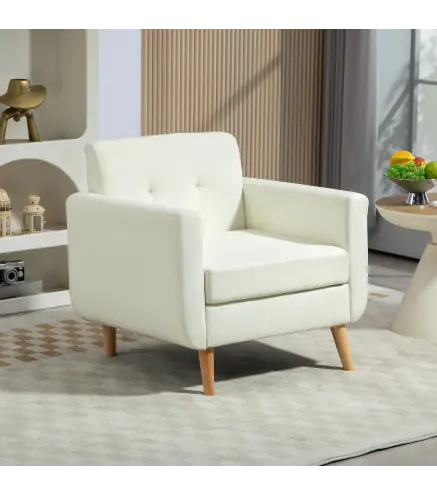 Butaca para Dormitorio con Reposabrazos y Patas de Madera Sofá Individual Carga 125 kg Crema