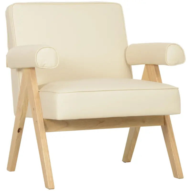 Sillón de Salón Tapizado en PU con Reposabrazos y Marco de Madera de Caucho para Dormitorio Carga 120 kg Crema