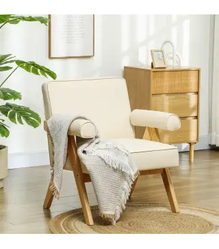 Sillón de Salón Tapizado en PU con Reposabrazos y Marco de Madera de Caucho para Dormitorio Carga 120 kg Crema