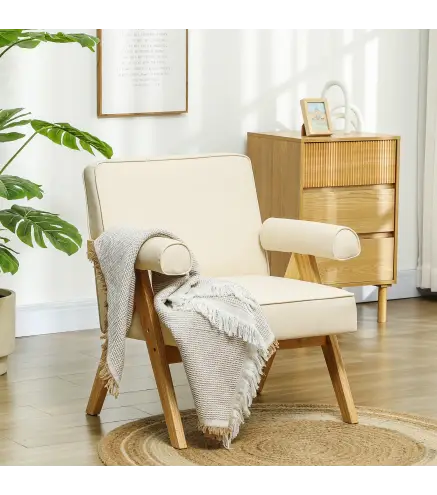 Sillón de Salón Tapizado en PU con Reposabrazos y Marco de Madera de Caucho para Dormitorio Carga 120 kg Crema