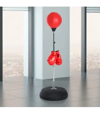 Saco de Boxeo de Pie con Altura Ajustable en 4 Niveles 126-144 cm Base Rellenable y Guantes de Boxeo Rojo y Negro