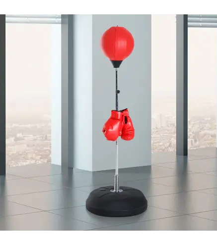 Saco de Boxeo de Pie con Altura Ajustable en 4 Niveles 126-144 cm Base Rellenable y Guantes de Boxeo Rojo y Negro