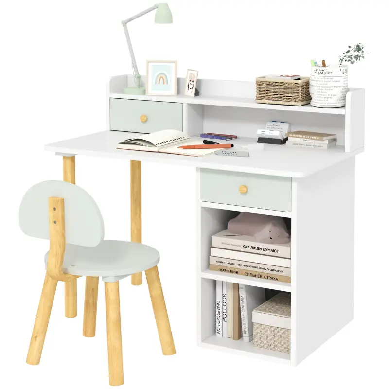 Juego de Escritorio Infantil con Silla Pupitre Infantil con Cajones Compartimento y Estantes Verde Claro y Blanco