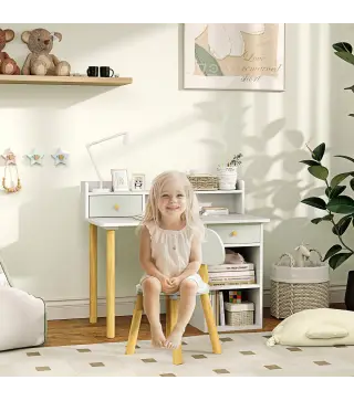 Juego de Escritorio Infantil con Silla Pupitre Infantil con Cajones Compartimento y Estantes Verde Claro y Blanco