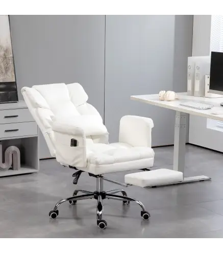 Silla de Oficina con 6 Puntos de Masaje Reposapiés Retráctil Altura Ajustable Control Remoto y Soporte Lumbar 69x65x115 cm Blanc