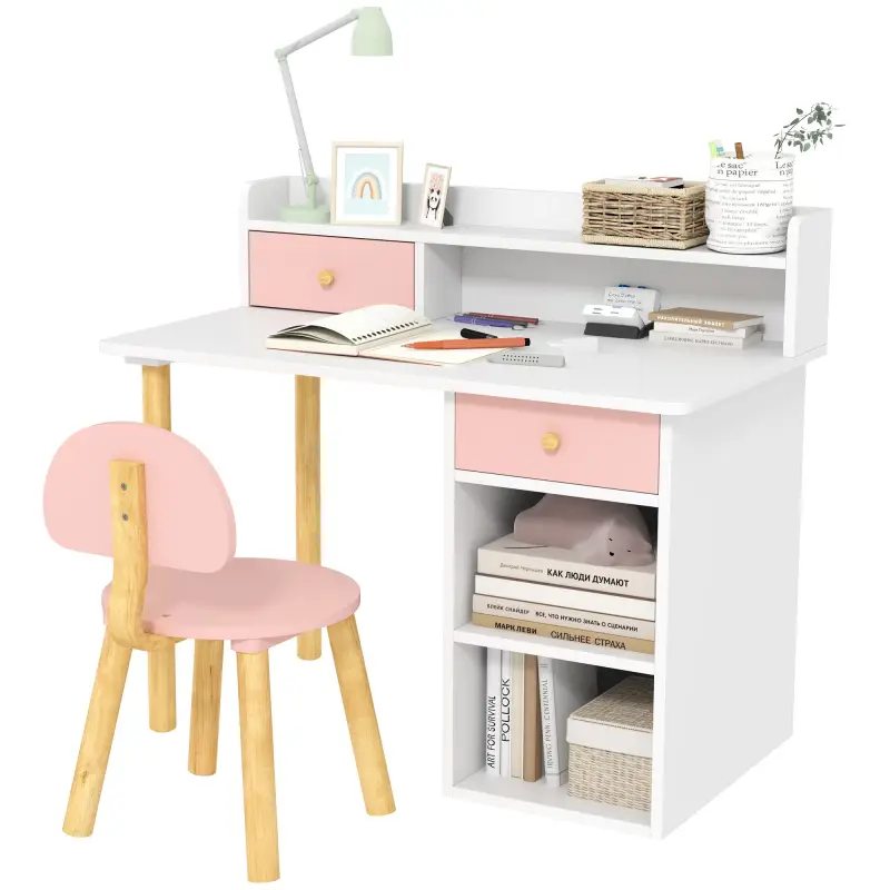 Juego de Escritorio Infantil con Silla Pupitre Infantil con Cajones Compartimento y Estantes Rosa y Blanco