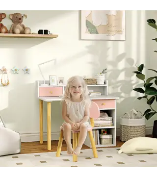 Juego de Escritorio Infantil con Silla Pupitre Infantil con Cajones Compartimento y Estantes Rosa y Blanco