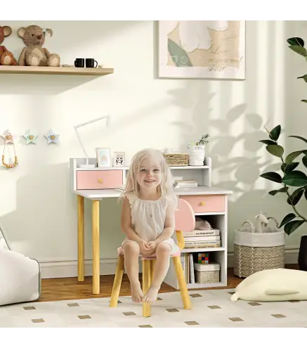 Juego de Escritorio Infantil con Silla Pupitre Infantil con Cajones Compartimento y Estantes Rosa y Blanco