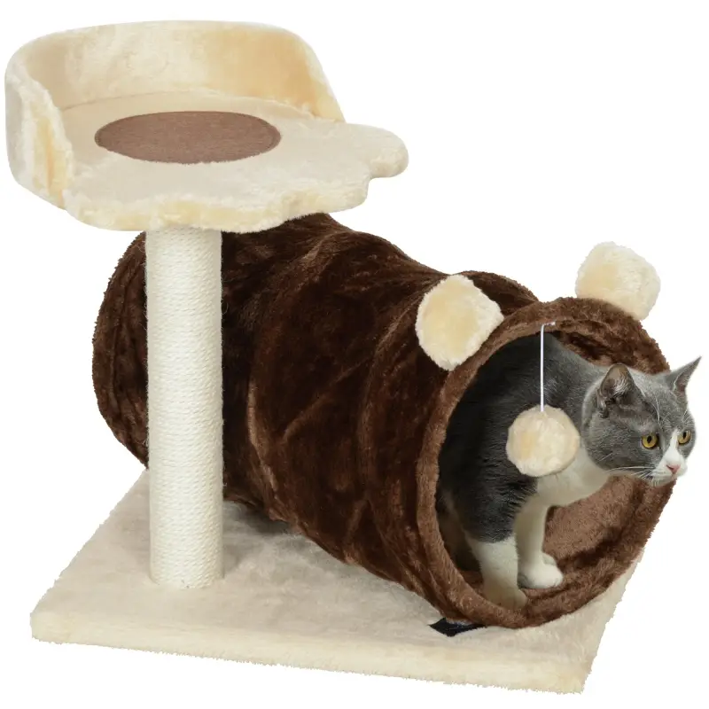 Árbol Rascador para Gatos Altura 47 cm con Túnel Nido Plataformas Bola de Juguete y Poste de Yute Marrón Oscuro