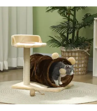 Árbol Rascador para Gatos Altura 47 cm con Túnel Nido Plataformas Bola de Juguete y Poste de Yute Marrón Oscuro