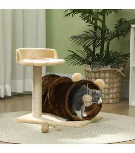 Árbol Rascador para Gatos Altura 47 cm con Túnel Nido Plataformas Bola de Juguete y Poste de Yute Marrón Oscuro