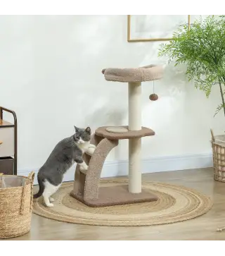 Árbol para Gatos Altura 88 cm Torre para Gatos con Nido Plataformas Bola Colgante Escalera y Poste de Sisal Café