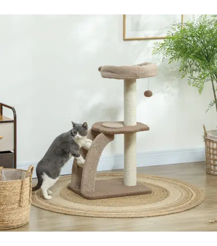 Árbol para Gatos Altura 88 cm Torre para Gatos con Nido Plataformas Bola Colgante Escalera y Poste de Sisal Café