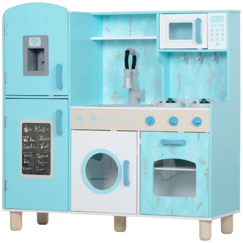 Cocina de Madera Infantil con Sonido Fogón Horno Grifo Fregadero Microondas Lavadora Máquina de Hielo Azul
