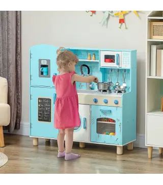 Cocina de Madera Infantil con Sonido Fogón Horno Grifo Fregadero Microondas Lavadora Máquina de Hielo Azul