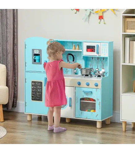 Cocina de Madera Infantil con Sonido Fogón Horno Grifo Fregadero Microondas Lavadora Máquina de Hielo Azul