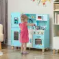 Cocina de Madera Infantil con Sonido Fogón Horno Grifo Fregadero Microondas Lavadora Máquina de Hielo Azul