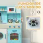 Cocina de Madera Infantil con Sonido Fogón Horno Grifo Fregadero Microondas Lavadora Máquina de Hielo Azul
