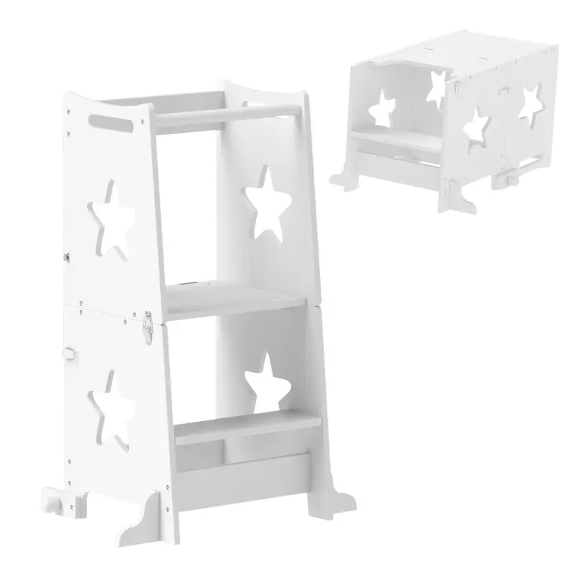Torre de Aprendizaje 2 en 1 Convertible en Mesa y Silla con Barra de Seguridad 60x44,5x86 cm Blanco