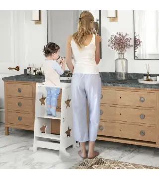 Torre de Aprendizaje 2 en 1 Convertible en Mesa y Silla con Barra de Seguridad 60x44,5x86 cm Blanco