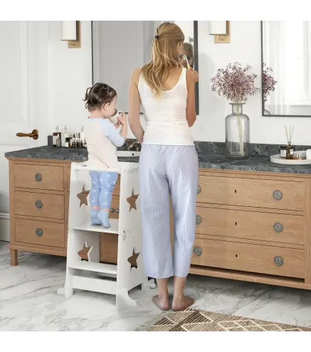 Torre de Aprendizaje 2 en 1 Convertible en Mesa y Silla con Barra de Seguridad 60x44,5x86 cm Blanco