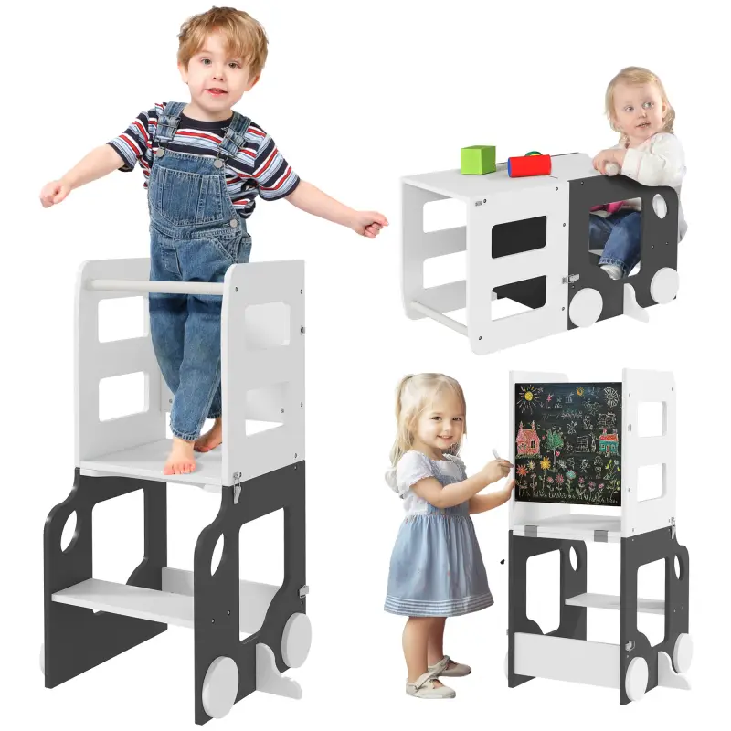 Torre de Aprendizaje Taburete Infantil con Pizarra Convertible en Mesa y Silla con Diseño de Coche Blanco y Gris