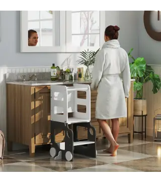 Torre de Aprendizaje Taburete Infantil con Pizarra Convertible en Mesa y Silla con Diseño de Coche Blanco y Gris