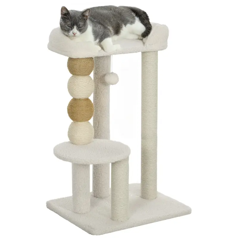 Árbol para Gatos Altura 76 cm con Revestimiento de Borreguillo Plataformas Bola Colgante y Poste de Yute Beige