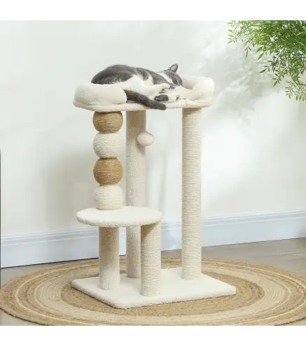 Árbol para Gatos Altura 76 cm con Revestimiento de Borreguillo Plataformas Bola Colgante y Poste de Yute Beige
