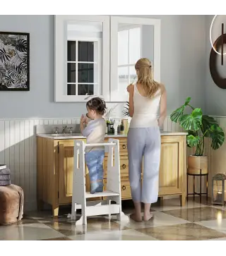 Torre de Aprendizaje para Niños con Pedal Altura Ajustable en 3 Niveles y Barrera de Seguridad 45x47,5x91 cm Blanco