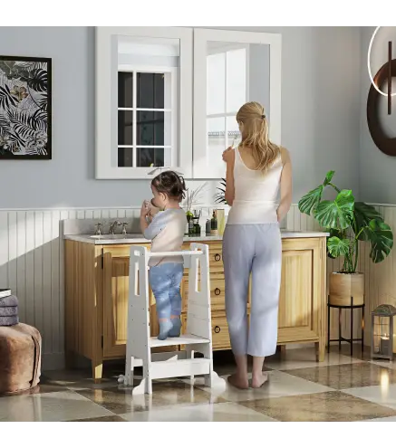 Torre de Aprendizaje para Niños con Pedal Altura Ajustable en 3 Niveles y Barrera de Seguridad 45x47,5x91 cm Blanco