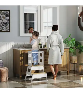 Torre de Aprendizaje para Niños de 3-6 Años con Pizarra y Barrera de Seguridad para Baño Cocina 55x52,5x87,5 cm Blanco