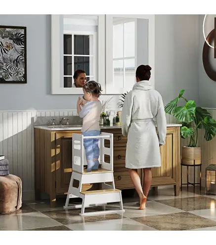 Torre de Aprendizaje para Niños de 3-6 Años con Pizarra y Barrera de Seguridad para Baño Cocina 55x52,5x87,5 cm Blanco