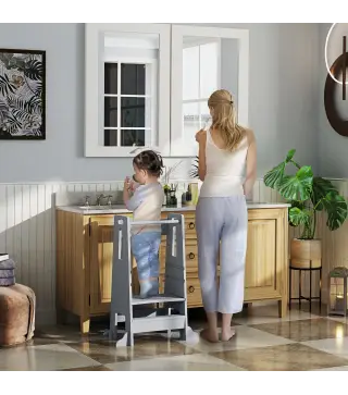 Torre de Aprendizaje para Niños con Pedal Altura Ajustable en 3 Niveles y Barrera de Seguridad 45x47,5x91 cm Gris