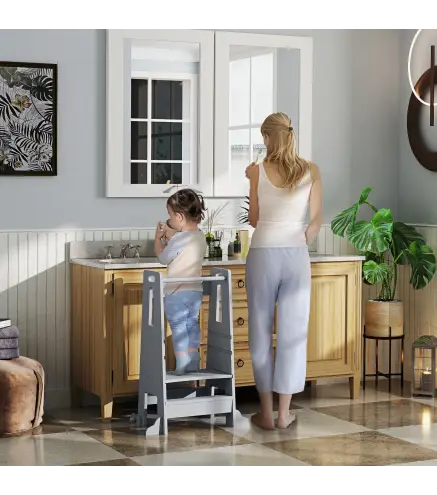 Torre de Aprendizaje para Niños con Pedal Altura Ajustable en 3 Niveles y Barrera de Seguridad 45x47,5x91 cm Gris