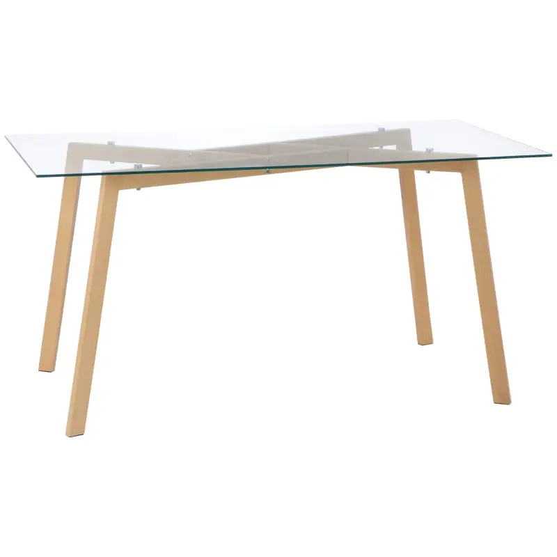 Mesa de Comedor para 6 Personas con Encimera de Cristal y Patas de Acero Efecto Madera 150x75x76 cm Transparente
