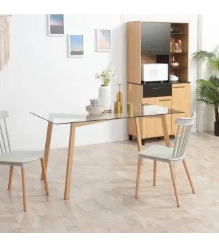Mesa de Comedor para 6 Personas con Encimera de Cristal y Patas de Acero Efecto Madera 150x75x76 cm Transparente