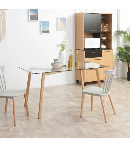 Mesa de Comedor para 6 Personas con Encimera de Cristal y Patas de Acero Efecto Madera 150x75x76 cm Transparente