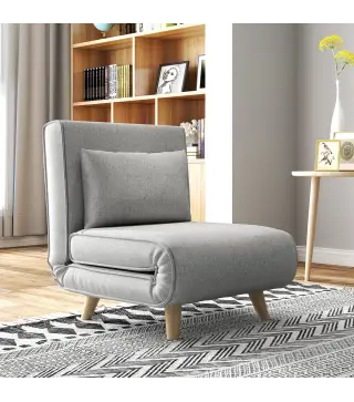 Sillón Cama Plegable Tapizado en Lino Sintético con Respaldo Ajustable en 6 Posiciones y Almohada 72x78x79 cm Gris