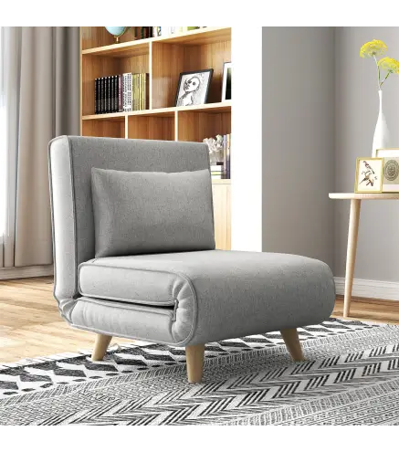 Sillón Cama Plegable Tapizado en Lino Sintético con Respaldo Ajustable en 6 Posiciones y Almohada 72x78x79 cm Gris