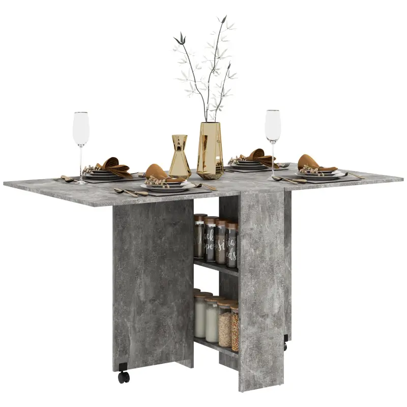 Mesa de Cocina Plegable con Ruedas 2 Estantes de Almacenaje y 2 Alas Abatibles Estilo Moderno 75x140x74 cm Gris Cemento Mesa de Cocina Plegable con Ruedas 2 Estantes de Almacenaje y 2 Alas Abatibles Estilo Moderno 75x140x74 cm Gris Cemento