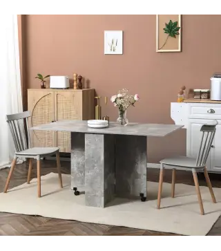 Mesa de Cocina Plegable con Ruedas 2 Estantes de Almacenaje y 2 Alas Abatibles Estilo Moderno 75x140x74 cm Gris Cemento