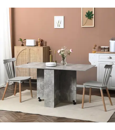 Mesa de Cocina Plegable con Ruedas 2 Estantes de Almacenaje y 2 Alas Abatibles Estilo Moderno 75x140x74 cm Gris Cemento