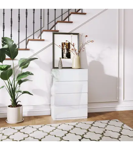 Cómoda con 4 Cajones Diseño Anti-vuelco Cajonera para Salón Pasillo 55x33x80 cm Blanco Brillante