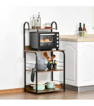 Estantería de Cocina de 4 Niveles con Ganchos Estantería para Microondas 60x40x125 cm Marrón Rústico y Negro