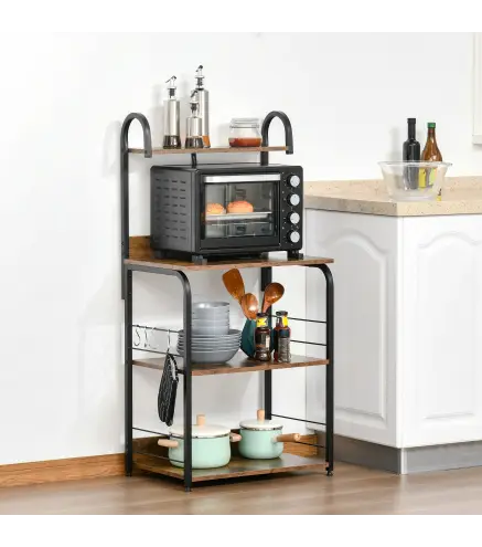 Estantería de Cocina de 4 Niveles con Ganchos Estantería para Microondas 60x40x125 cm Marrón Rústico y Negro