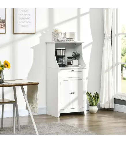 Mueble para Microondas Aparador de Cocina con Cajón Estante 2 Puertas Compartimento Anti-vuelco 60x40x122,5 cm Blanco