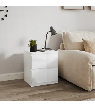 Mesilla de Noche con 2 Cajones Mesa de Noche para Dormitorio Salón 40x34x45 cm Blanco Brillo