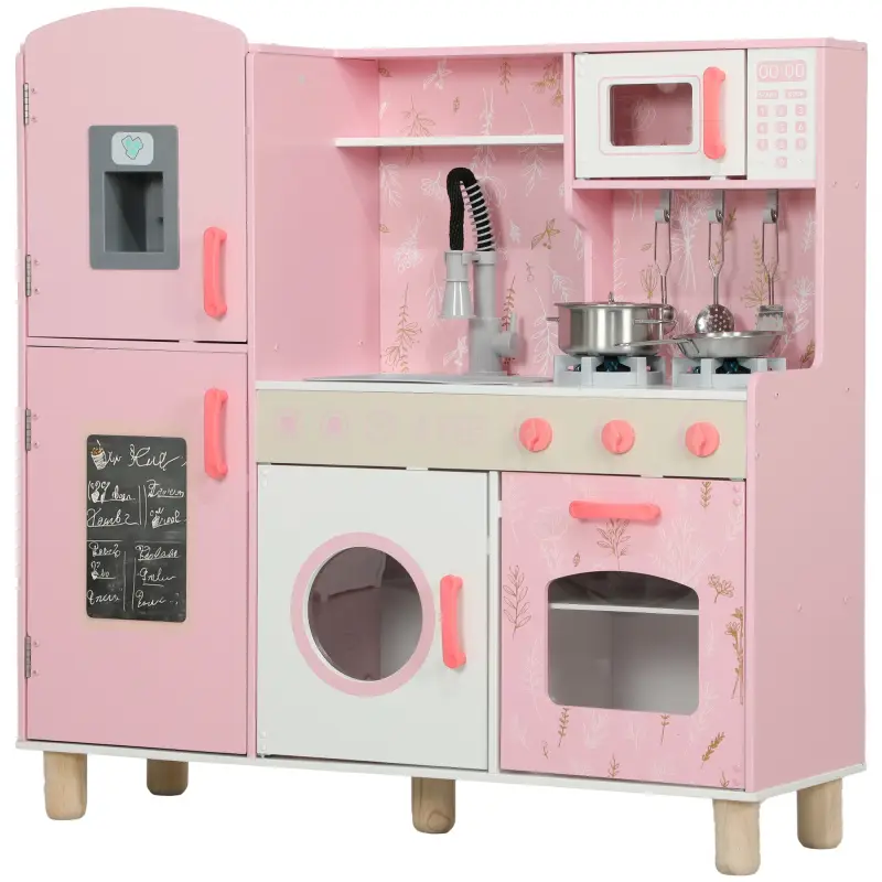 Cocina de Madera Infantil con Sonido Fogón Horno Grifo Fregadero Microondas Lavadora Máquina de Hielo Rosa