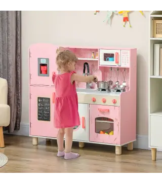 Cocina de Madera Infantil con Sonido Fogón Horno Grifo Fregadero Microondas Lavadora Máquina de Hielo Rosa
